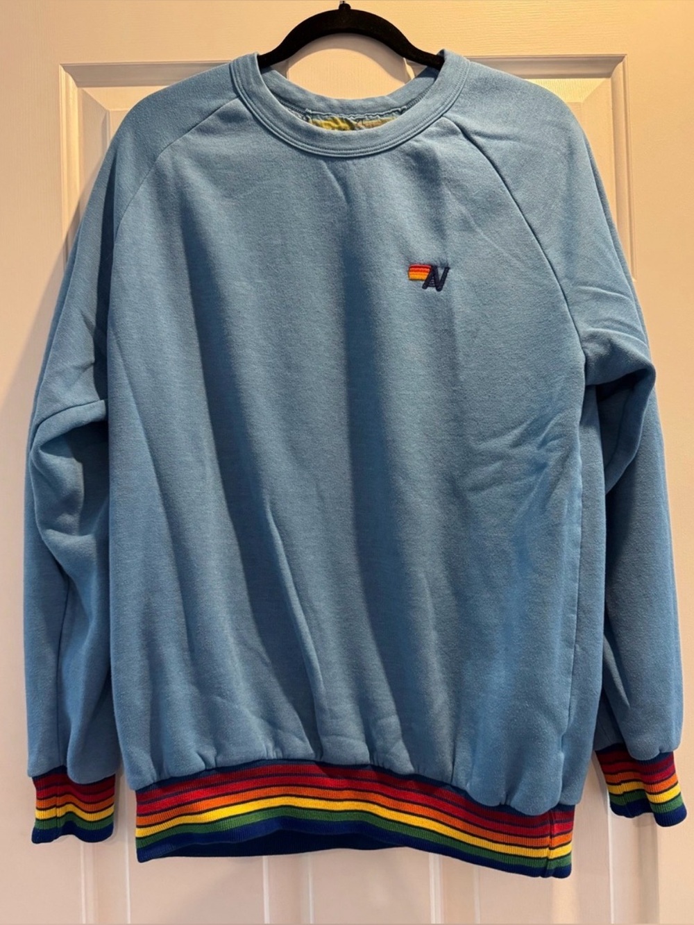 Aviator Nation Light Blue Crewneck Sweatshirt with Rainbow Trim